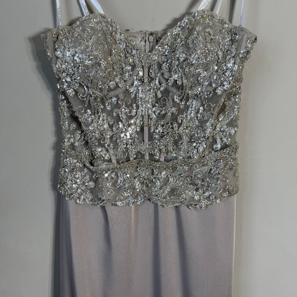 NWOT Montage by Mon Cheri Strapless Beaded Satin Gown Womens 12 Champage Sheer - Picture 5 of 15